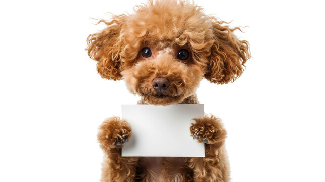 young Toy Poodle puppy keeping blank voucher,  white background