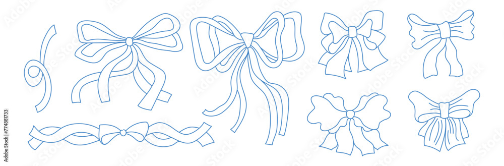 Poster Vector abstract hand-drawn illustration in simple linear minimal style, decorative frames for prints, invitations, cards with bows and ribbons