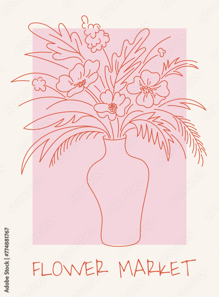 Poster vector abstract hand-drawn illustration in simple linear minimal style, floral decoration and frame 