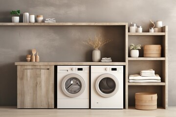 Cozy home laundry room with installed washing machines and accessories