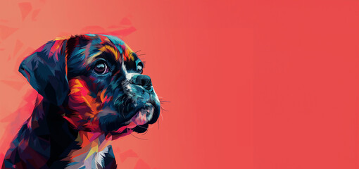 A striking portrait of a dog illustrated in a geometric art style, with a rich array of colors set against a vibrant red background.. - obrazy, fototapety, plakaty