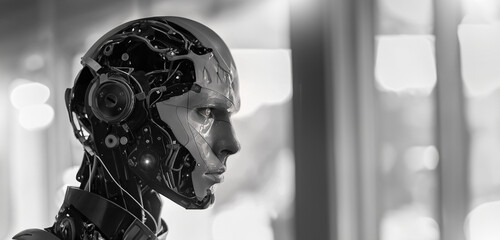 Close up profile view of a futuristic robot with human-like facial features, showcasing glowing internal circuits and a high-tech design against a backdrop of shimmering bokeh lights.