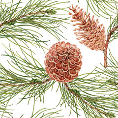 Seamless pattern with hand drawn pine cones on pine tree branches. Watercolor illustration on transparent background. Christmas repeatable background for textile, fabric, wallpaper, wrapping paper
