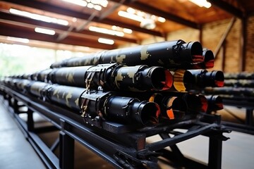 Close-up of brand new ballistic missiles stored in high-security military warehouse facility - obrazy, fototapety, plakaty