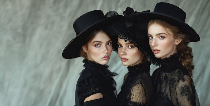 A captivating portrait of three young women adorned in sophisticated vintage black dresses and wide-brimmed hats, exuding an aura of classic beauty and mystery.