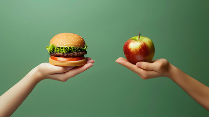 Unhealthy vs healthy food. Burger and apple in different hands on green background . Choice between fast foods and vegetables, fruit.  - obrazy, fototapety, plakaty