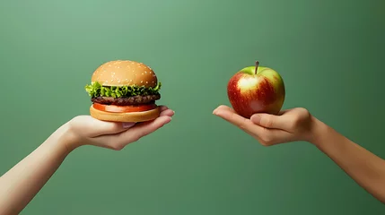 Foto op Plexiglas Unhealthy vs healthy food. Burger and apple in different hands on green background . Choice between fast foods and vegetables, fruit.  © john
