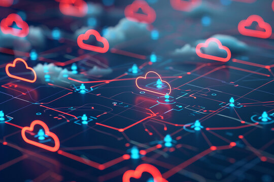 Diagram showcasing a network of interconnected clouds representing a global cloud computing infrastructure, with secure connections highlighted