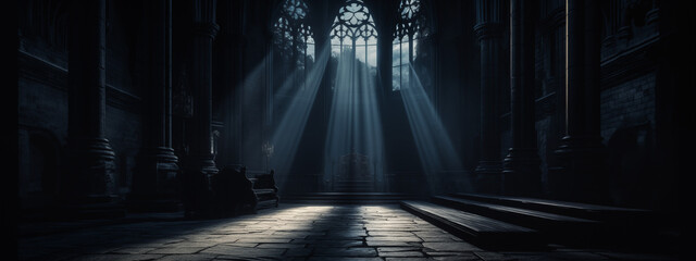 Ethereal Light Streams Through Stained Glass in Cathedral - obrazy, fototapety, plakaty
