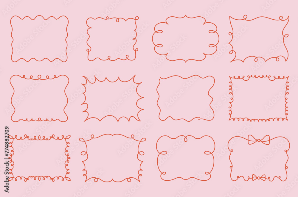 Poster Vector abstract hand-drawn illustration in simple linear minimal style, decorative frames for prints, invitations, cards with bows and ribbons