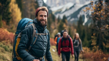 Obraz na płótnie Canvas Bearded hiker leading friends in autumn