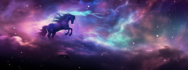 Mystical Cosmic Nebula with Ethereal Unicorn in Space