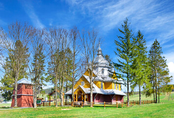 Wooden greek catholic church in Gladyszow village, Low Beskids (Beskid Niski), Poland - obrazy, fototapety, plakaty