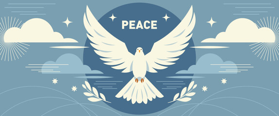 White bird Dove is a symbol of peace in the word. Horizontal banner concept, flat vector design
