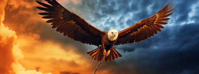 Majestic Bald Eagle Soaring Under a Dramatic Sunset Sky - obrazy, fototapety, plakaty