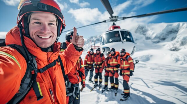 Portrait of a male rescue personnel staff with helicopter in snow mountain field