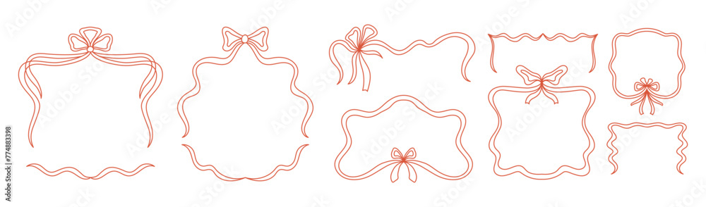 Poster Vector abstract hand-drawn illustration in simple linear minimal style, decorative frames for prints, invitations, cards with bows and ribbons