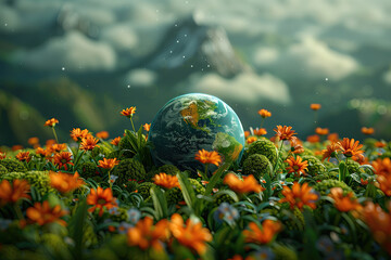 Earth crystal glass ball on a flowering field. Earth day concept. - 774883346