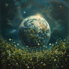 Earth crystal glass ball on a flowering field. Earth day concept. - 774883357