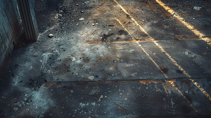 Sunlit old asphalt road with shadow patterns and urban decay textures under evening light