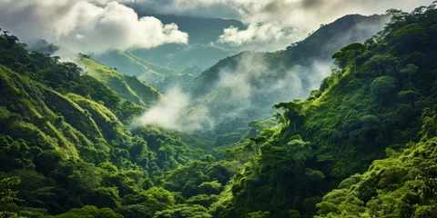 Tuinposter Tropical green mountains with mist. Cloudy foggy sky backdrop. Generative AI © AngrySun