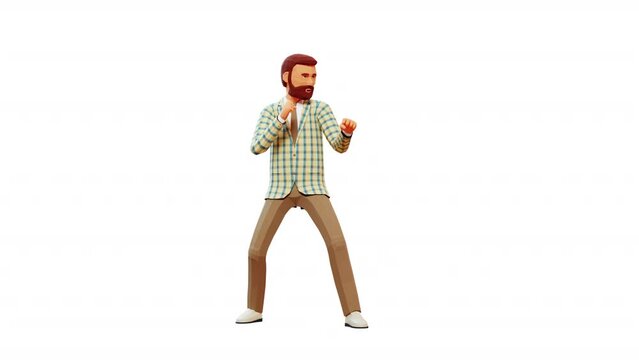 A 3D man in a jacket and trousers kicks like a karateka. Kick in karate stance. 3D animation with alpha channel.