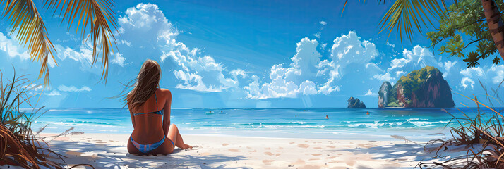 An attractive woman sunbathes on a snow-white beach against the background of a blue sea with palm trees on the shore - 774883769