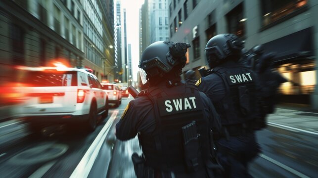 Special police force SWAT tactical team in team action in city street