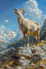 Mountain goat in the mountains. Mountain landscape