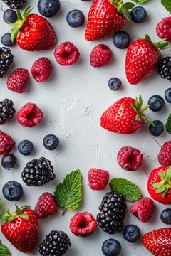 Top view of berries on white background with copy space, photorealistic stock photo