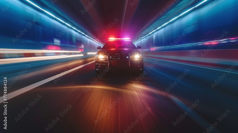 Wall mural Police car with flashing red blue light driving on city road