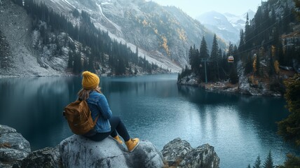 Solo traveler admiring a mountain lake view - obrazy, fototapety, plakaty