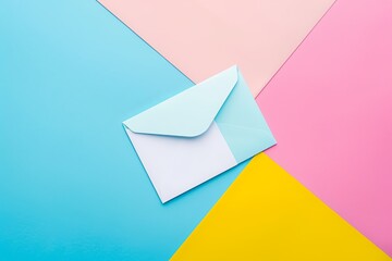 Top view of blue envelope and white card on colorful background. Blue, pink and yellow background. generative ai