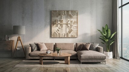 Mockup of a modern minimal living room with relief painting, sofa, and furniture