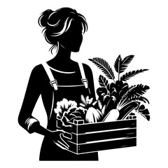young female farmer carrying a crate of fresh produce vector black color silhouette, Black color silhouette 22 - obrazy, fototapety, plakaty