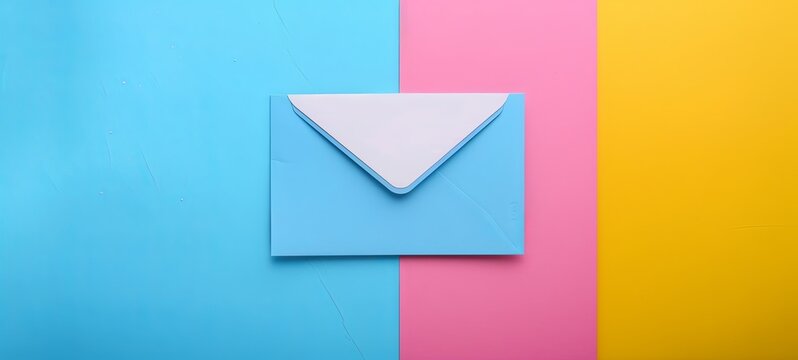 Top view of blue envelope and white card on colorful background. Blue, pink and yellow background. generative ai