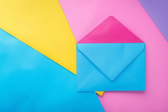 Top view of blue envelope and white card on colorful background. Blue, pink and yellow background. generative ai