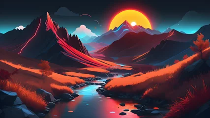 Fotobehang Mountains, Rivers, Trees, Moonlight, Sunsets, and Fields of Green © Faizy_Designer
