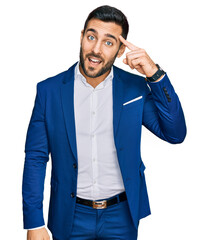 Young hispanic man wearing business jacket smiling pointing to head with one finger, great idea or thought, good memory - obrazy, fototapety, plakaty