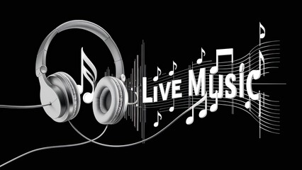 Flyer logo poster of a headphones with musical notes with the words Live Music. Concept for musical evening