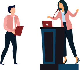 The girl is speaking at the podium.