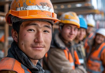 Smiling Kazakh Construction Workers: Portrait of Immigrant Labor - obrazy, fototapety, plakaty