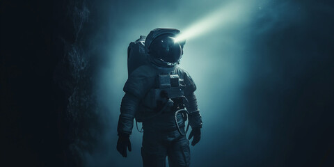 Lone astronaut with dramatic backlight, portraying solitude and the unknown, excellent for thematic wallpapers and storytelling - obrazy, fototapety, plakaty