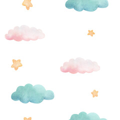Watercolor seamless pattern with illustration of delicate pink and turquoise clouds and yellow stars. Handmade, isolated. For children's textiles, wallpaper and clothing