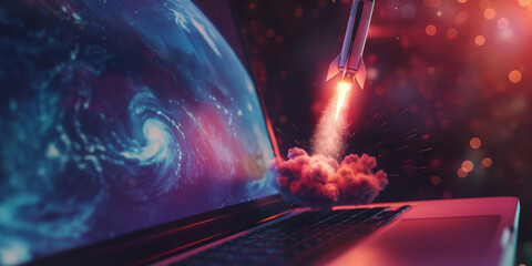 Inspirational concept of a rocket launching from a laptop screen, symbolizing startup success and online business growth, perfect for web design and digital marketing