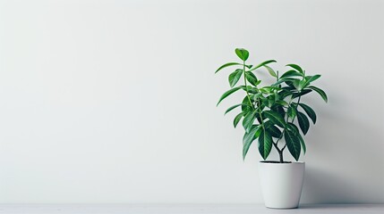 A solitary potted plant with vibrant green leaves against a pristine white wall