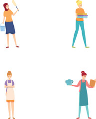 Woman housewife icons set cartoon vector. Modern housewife does housework. Housekeeping concept