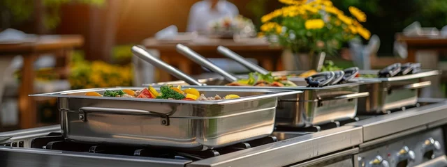 Deurstickers catering food wedding service equipment warm buffet in metal stainless steal serving dish equipment © JovialFox