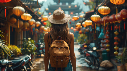A girl with a backpack and a hat walks through the streets of Asia