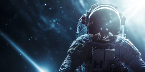Astronaut in space with stars and sunlight, ideal for educational and inspirational science...
